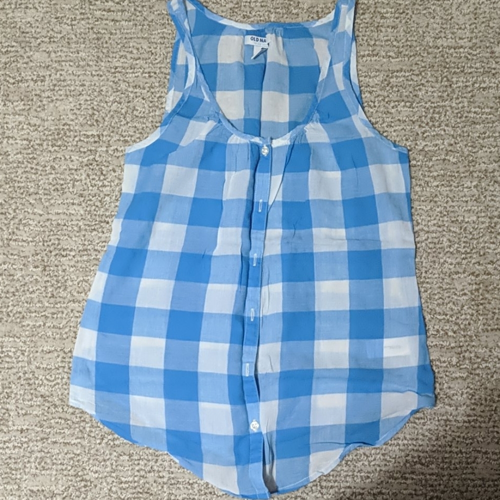 Sleeveless button-up in cornflower blue checks